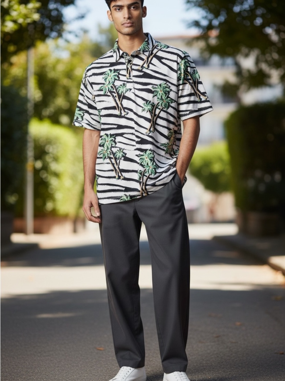 Bad Birdie Black & White Zebra Palm Print Polo